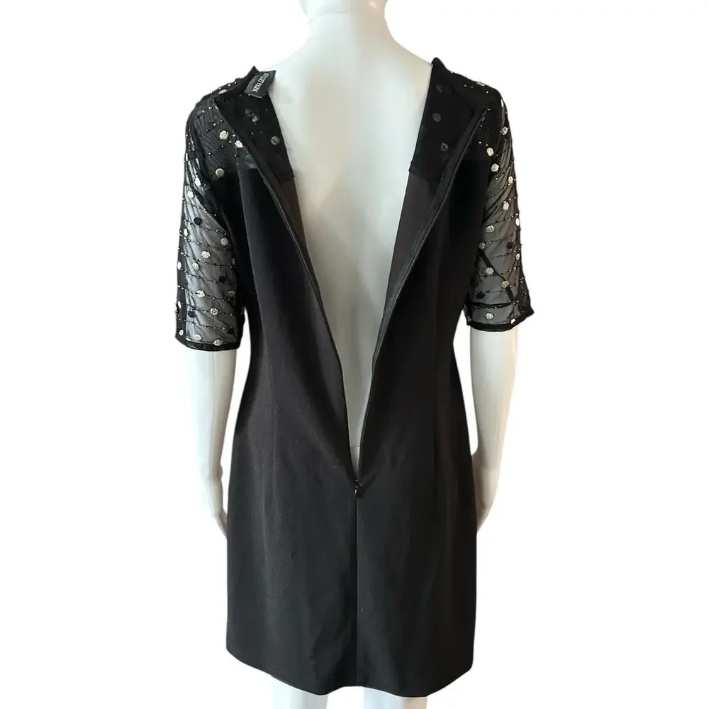 Nina Leonard Sz S Dress Black Crepe Midi Beaded Sheer Short Sleeve Round Neck - Picture 6 of 14